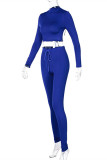 Blue Fashion Sexy Solid Backless O Neck Long Sleeve Two Pieces