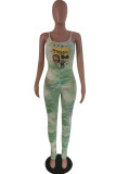 Rose Red Sexy Casual Print Tie Dye Fold Spaghetti Strap Skinny Jumpsuits