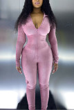 Purple Fashion Casual Solid Basic Turndown Collar Regular Jumpsuits