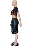 Black PU Elastic Fly Mid Patchwork Asymmetrical Solid Hip skirt Skirts
