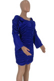 Navy Blue Sexy Bubble sleeves Long Sleeves V Neck Asymmetrical Knee-Length asymmetrical Solid Patchw