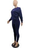 Navy Blue Casual Solid Pocket O Neck Long Sleeve Two Pieces