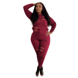 Wine Red adult Casual Fashion Solid HOLLOWED OUT Two Piece Suits pencil Long Sleeve Two-piece Pant