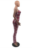 Pink Sexy Casual Plaid Print Backless Spaghetti Strap Skinny Jumpsuits
