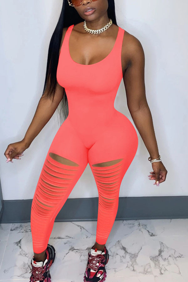 Fluorescent Red Fashion street Burn-out Solid Sleeveless Slip Jumpsuits