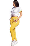 Yellow Fashion Sexy Patchwork Print Straight Two-piece Pants Set