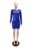 Color Blue Sexy Solid Hollowed Out Patchwork O Neck Pencil Skirt Dresses