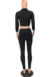 Black Fashion Casual Solid pencil Long Sleeve Two Pieces