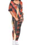 Black and red Polyester Fashion Casual adult Ma'am Print Tie Dye Two Piece Suits pencil Short Sleeve Two Pieces