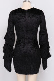 Black Polyester Sexy Ruffled Sleeve Long Sleeves V Neck Step Skirt skirt Solid Patchwork Club Dresses