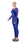 Color Blue Sexy Solid Patchwork O Neck Skinny Jumpsuits