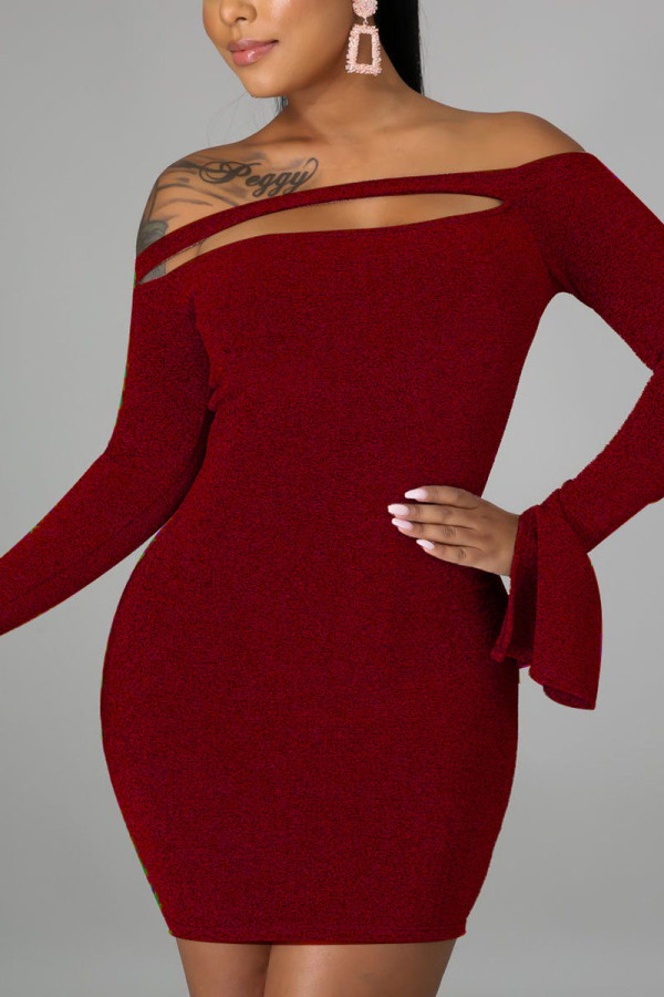 Red Sexy Solid Bateau Neck Pencil Skirt Dresses