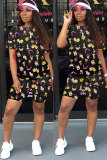 Black Fashion Casual adult Patchwork Print Character Two Piece Suits Straight Short Sleeve Two Pieces