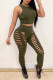 Army Green Casual Pierced Solid Color O Neck Sleeveless Two Pieces