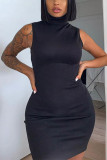 Black Polyester Fashion Street Tank Sleeveless O neck Pencil Dress skirt Solid Dresses