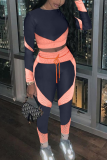 Red Casual Geometric Patchwork O Neck Long Sleeve Two Pieces