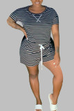 White Fashion Sexy adult Ma'am O Neck Striped Two Piece Suits Stripe Plus Size
