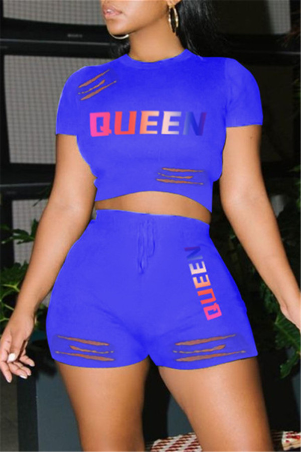 Blue Fashion Casual Letter Print Ripped O Neck Short Sleeve Two Pieces
