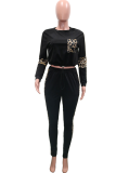 Black Casual Leopard Patchwork O Neck Long Sleeve Two Pieces