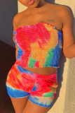 Multicolor Fashion Sexy Print Tie Dye Backless Strapless Sleeveless Two Pieces