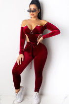 Wine Red Polyester Sexy Solid Two Piece Suits pencil Long Sleeve Two-piece Pants Set