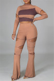 Purplish Red Fashion Casual Patchwork Ripped O Neck Long Sleeve Two Pieces