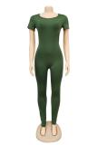 Army Green Fashion Sexy Solid Patchwork Polyester Short Sleeve O Neck Jumpsuits