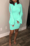 Pink Fashion Casual Solid Strap Design Turtleneck Long Sleeve Dress Dresses