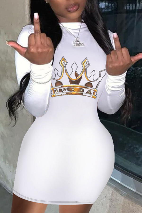 White Sexy Print O Neck Pencil Skirt Dresses
