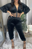 Black Casual Solid Hollowed Out Two Pieces