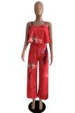 Red Sexy Casual Fashion Tie-dyed Polyester Slip Jumpsuits