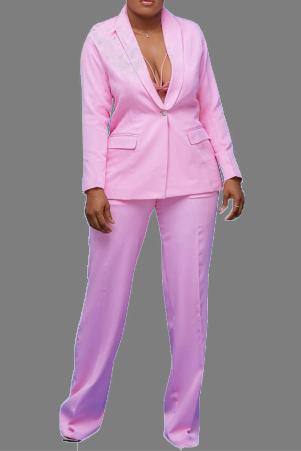 Pink Casual Solid Patchwork Turndown Collar Long Sleeve Two Pieces
