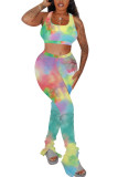 Green Polyester Fashion Sexy adult Ma'am Patchwork Print Tie Dye Two Piece Suits Straight Sleeveless Two Pieces