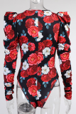 Red Sexy Print Patchwork V Neck Skinny Bodysuits