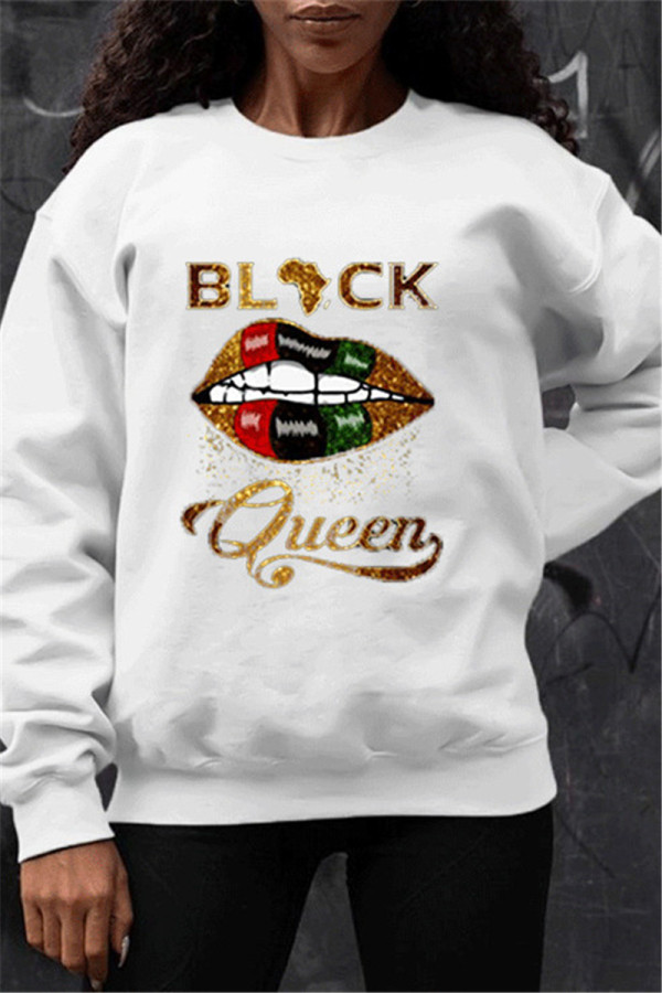 White Fashion Casual O Neck Long Sleeve Regular Sleeve Regular Lips Printed Tops