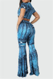 Deep Blue Fashion Casual Print Basic O Neck Short Sleeve Two Pieces