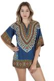 Blue Polyester Fashion adult Sexy Bat sleeve Half Sleeves O neck Swagger Mini Patchwork Print