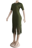 Army Green Sexy Solid Tassel O Neck A Line Dresses