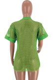 Green O Neck Short Sleeve Solid Patchwork HOLLOWED OUT Tees & T-shirts