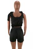 Black Polyester Sexy Fashion Striped Print Patchwork Loose Two-Piece Short Set