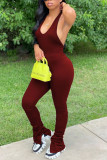 Wine Red Sexy Backless Solid Draped Split Blend Sleeveless Hanging neck Jumpsuits
