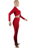 Red Casual Solid Draw String V Neck Long Sleeve Two Pieces