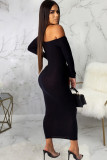 Black Polyester Sexy Off The Shoulder Long Sleeves One word collar Swagger Ankle-Length Solid Patchwork L
