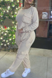 Cream White Casual Solid O Neck Long Sleeve Two Pieces