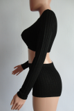 Black Sexy Solid Hollowed Out V Neck Long Sleeve Two Pieces
