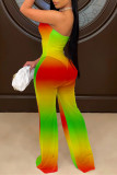 Red Yellow Fashion Sexy Print Backless Strapless Regular Jumpsuits