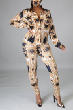 Gold Fashion Casual Print Basic Turndown Collar Long Sleeve Two Pieces