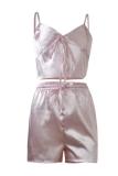 Pink Fashion Sexy adult Patchwork Print Solid bow-knot Two Piece Suits Straight Sleeveless Two Pieces