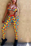 Yellow Fashion Active adult Patchwork Print asymmetrical Two Piece Suits pencil Sleeveless Two Pieces