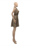 Brown Sexy Casual Solid Backless Halter Pleated Dresses